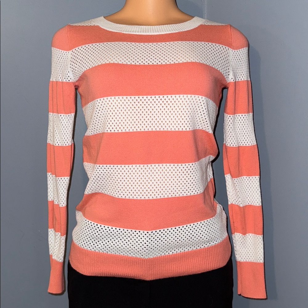 Coral & White Striped Long-Sleeve Sweater - Size Small - Picture 1 of 3